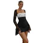 Damen Elegantes Bodycon Kleid mit Spitzenelementen und transparenten Ärmeln R&B