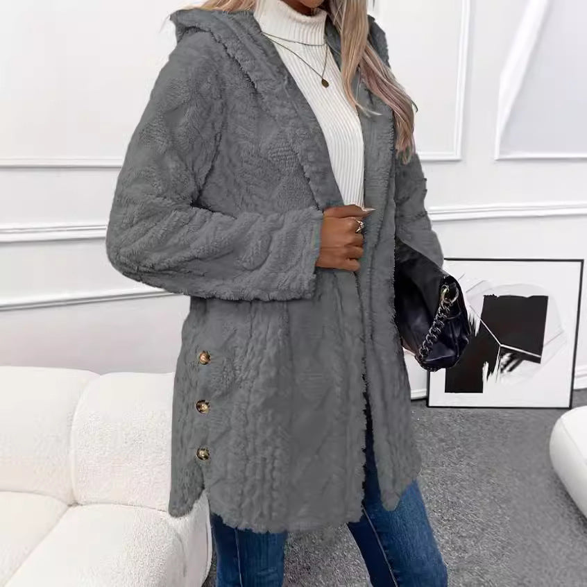Damen Kuschelige Jacke mit Kapuze und Knopfdetails