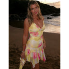 Damen flirtendes Minikleid mit floralem Volant und tiefem V-Ausschnitt R&B