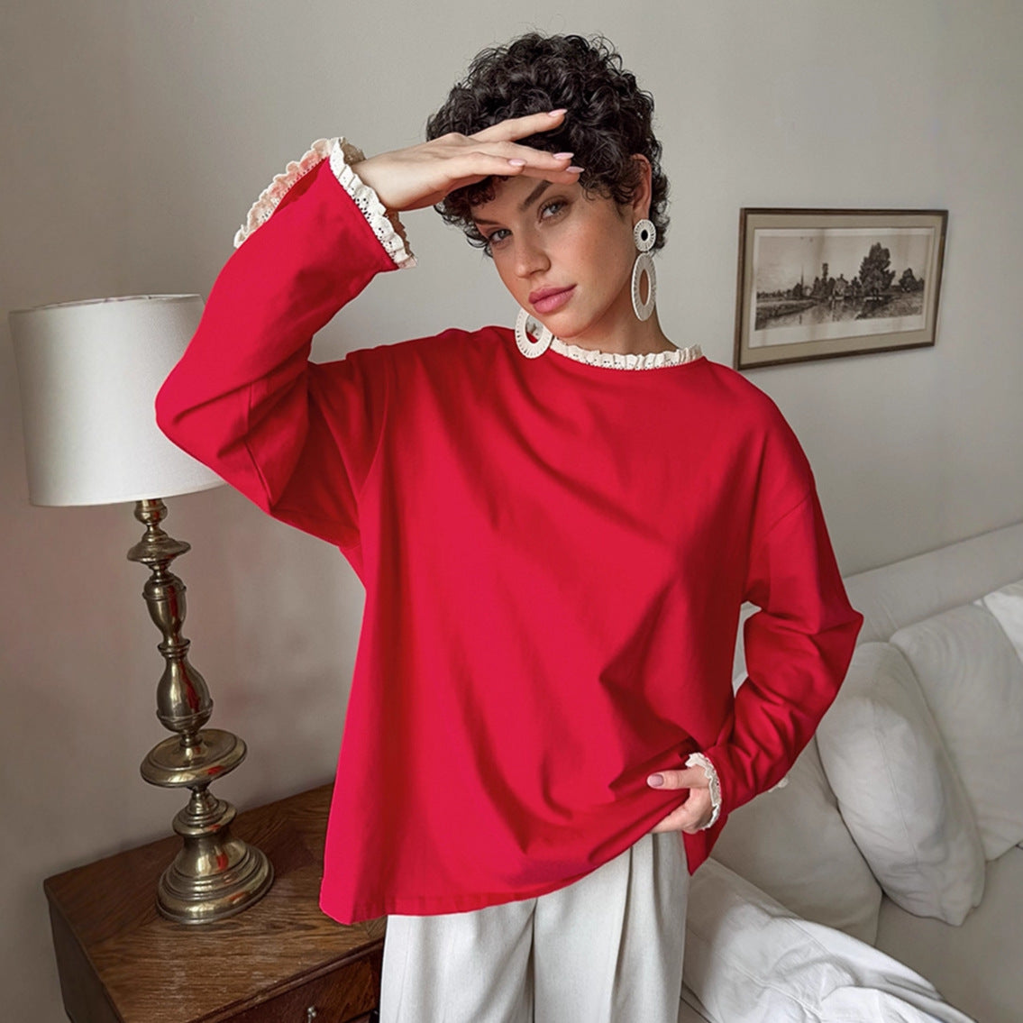 Damen eleganter Oversized-Pullover mit Rüschenärmeln R&B