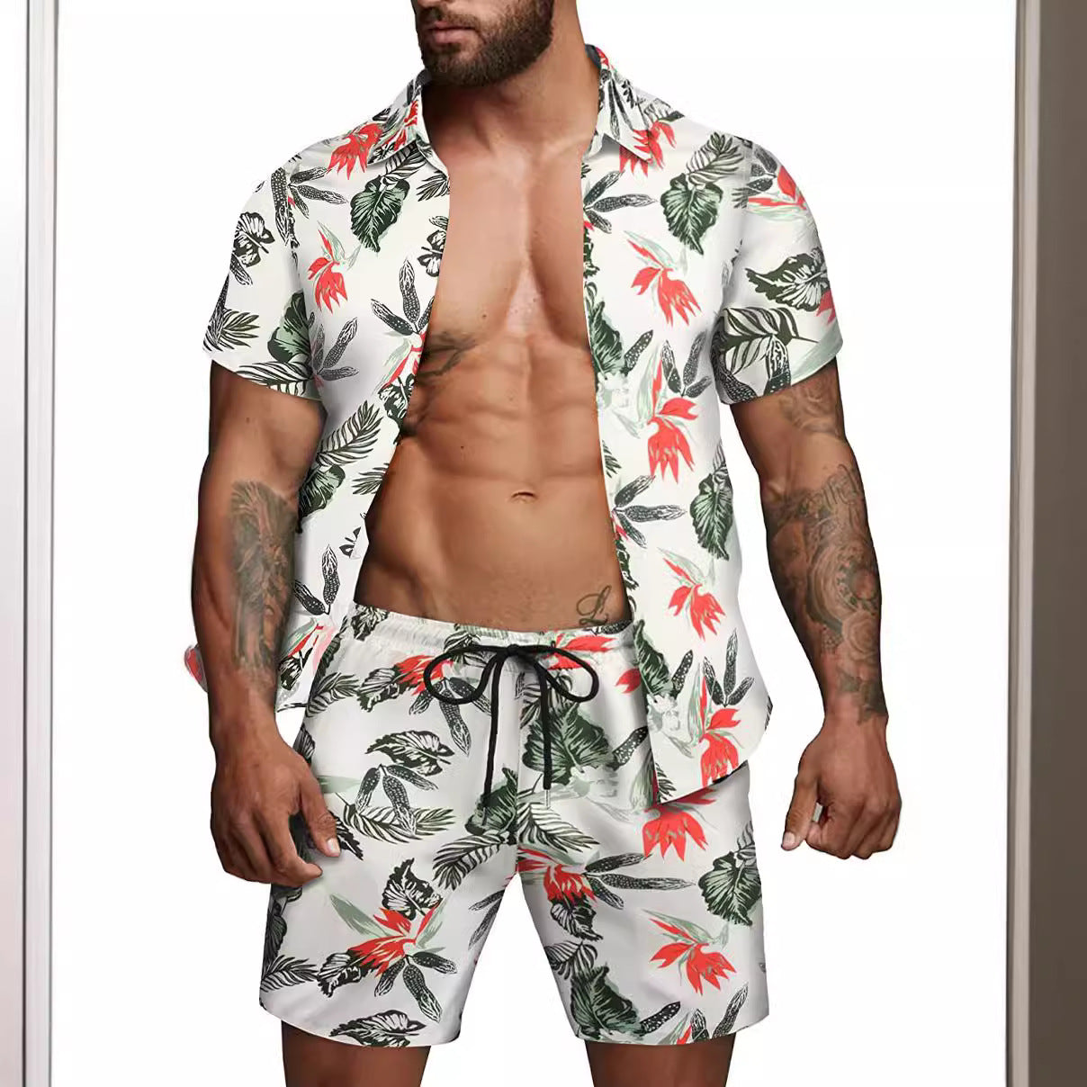 Herren kurzärmliges Hemd und Badeshorts Set R&B