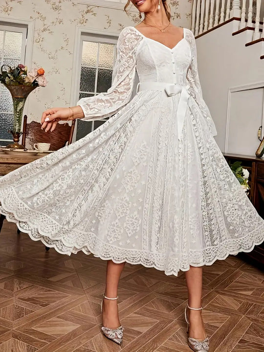 Damen Elegantes Spitze Midi-Kleid mit puffärmel und Taillenbindung R&B