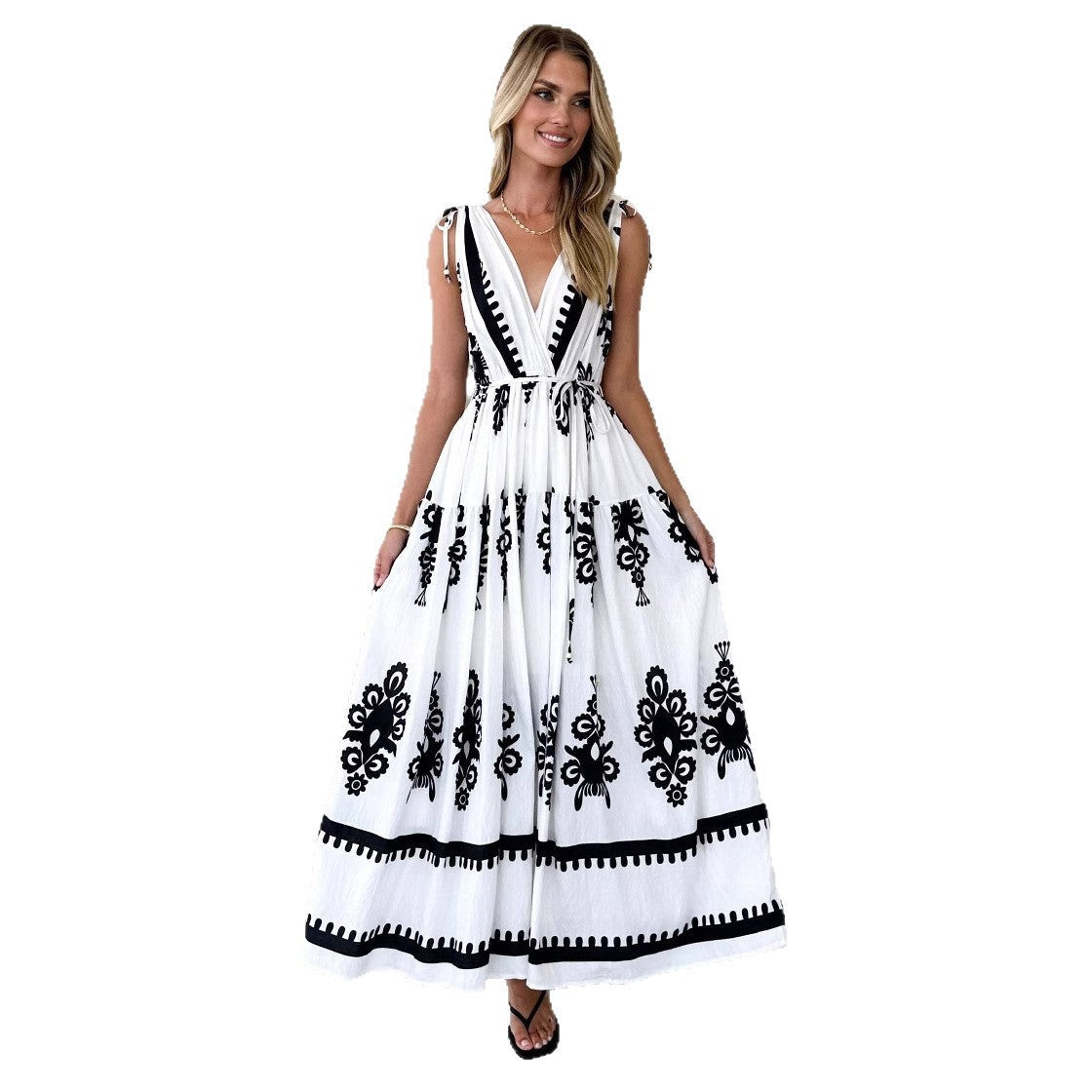 Damen Maxikleid mit kunstvollem geometrischen Muster und elegantem V-Ausschnitt R&B