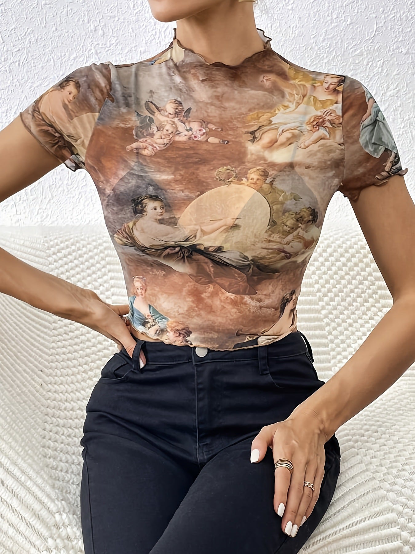 Damen figurbetonter Turtleneck-Body mit kunstvollem Druck R&B