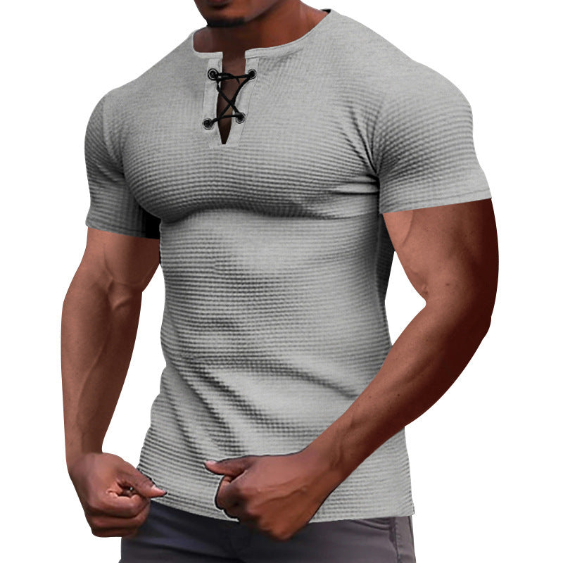 Herren nan Kurzarmshirt mit Schnürkragen, Metallösen und feinem Strukturjersey R&B