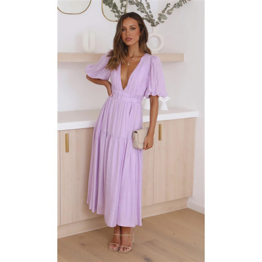 Damen Midi-Kleid mit Puffärmeln und tiefem V-Ausschnitt R&B