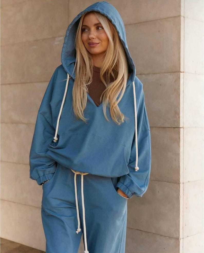 Damen lässiges Sport-Set mit Kapuze und praktischen Taschen R&B