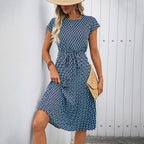 Damen Midi Sommerkleid mit bindbarem Taillengürtel und grafischem Muster R&B