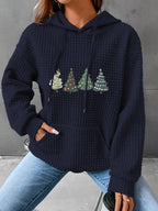 Damen Waffel-Pullover mit übergroßer Kapuze und festlichem Baumdesign