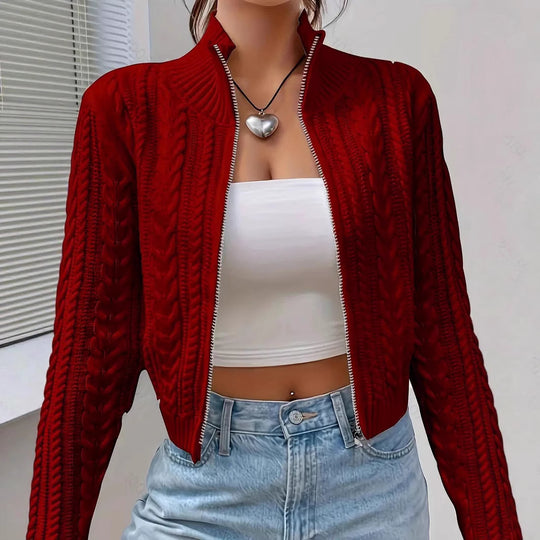Damen Strickjacke mit modernem Zopfdesign und durchgehendem Reißverschluss R&B