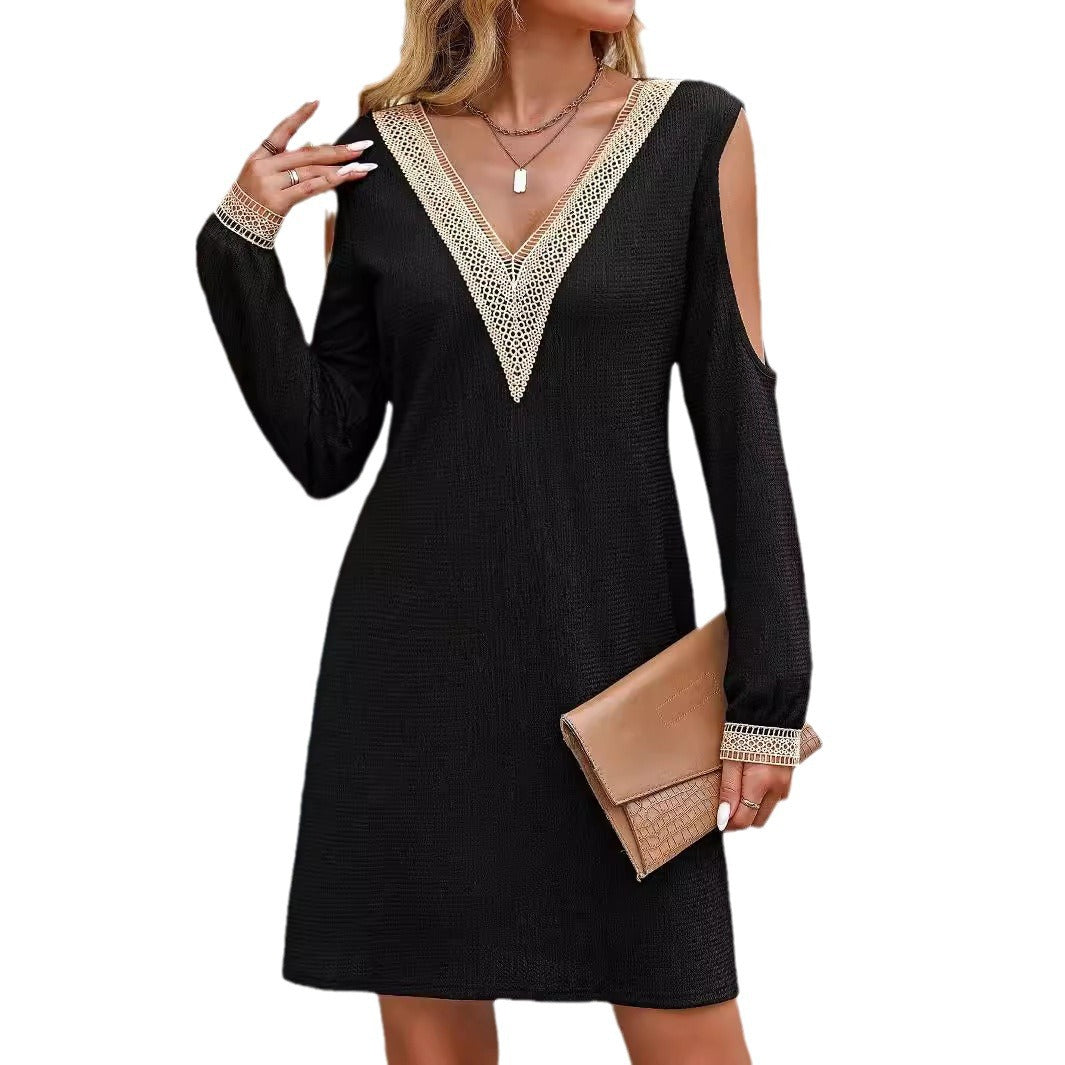 Damen Elegantes Langarmkleid mit tiefem V-Ausschnitt und offenen Schultern R&B