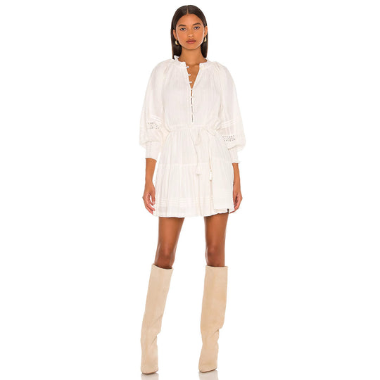 Damen luftiges Tunika-Kleid mit dekorativen Knopfdetails und Taillenzug R&B