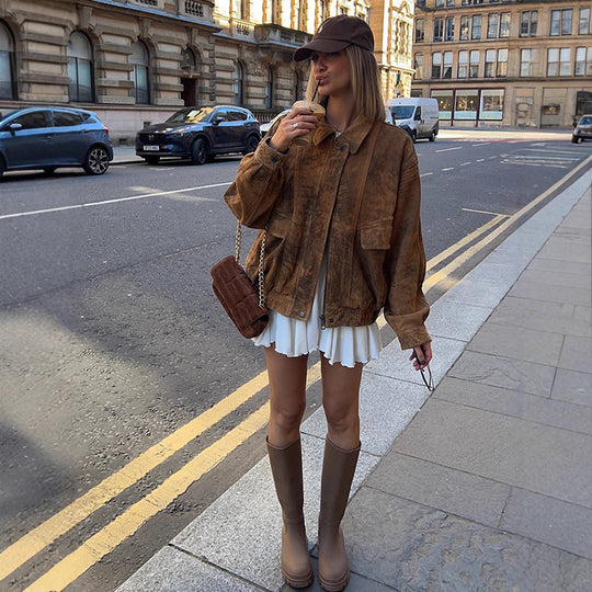 Damen Oversized Wildlederjacke mit großen Taschen und lässigem Schnitt R&B