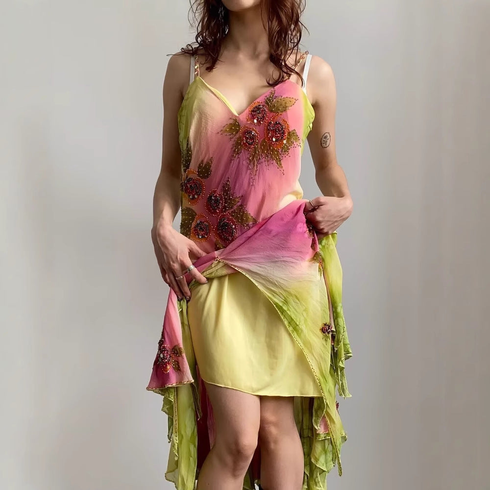 Damen asymmetrisches Sommerkleid mit floralem Design und zarten Spaghettiträgern R&B