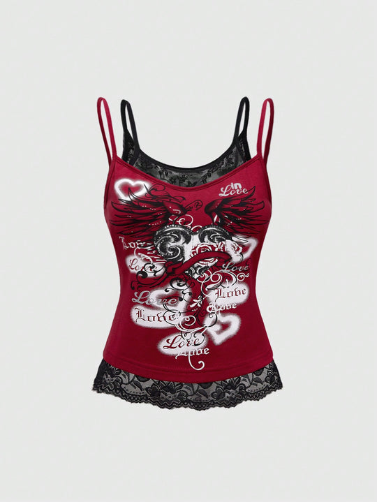 Damen Spitze Cami Top mit Grafischem Print R&B