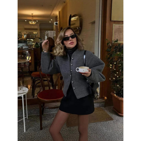Damen zeitlose Strickjacke mit eleganten Knöpfen und voluminösen Ärmeln R&B