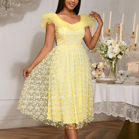 Damen Festliches Midikleid mit floralen Spitzenapplikationen und voluminösen Tüllärmeln R&B