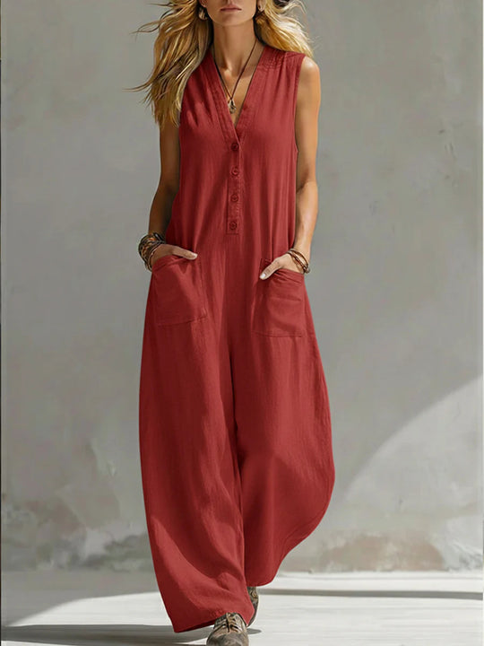 Damen Jumpsuit mit tiefem V-Ausschnitt und praktischen Taschen R&B