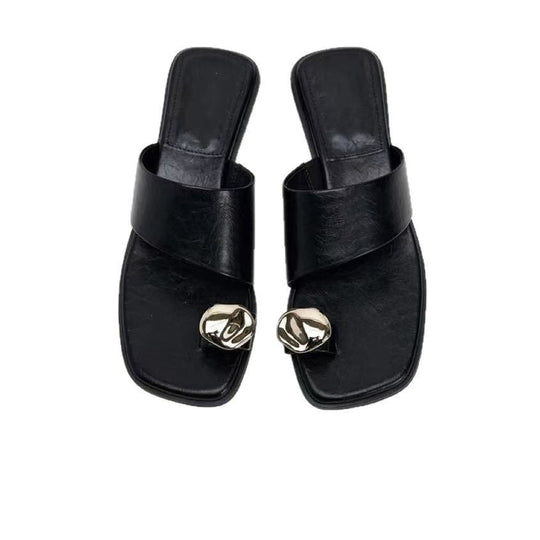 Damen elegante Zehentrenner-Sandalen mit modischen Riemen und goldfarbenem Akzent R&B