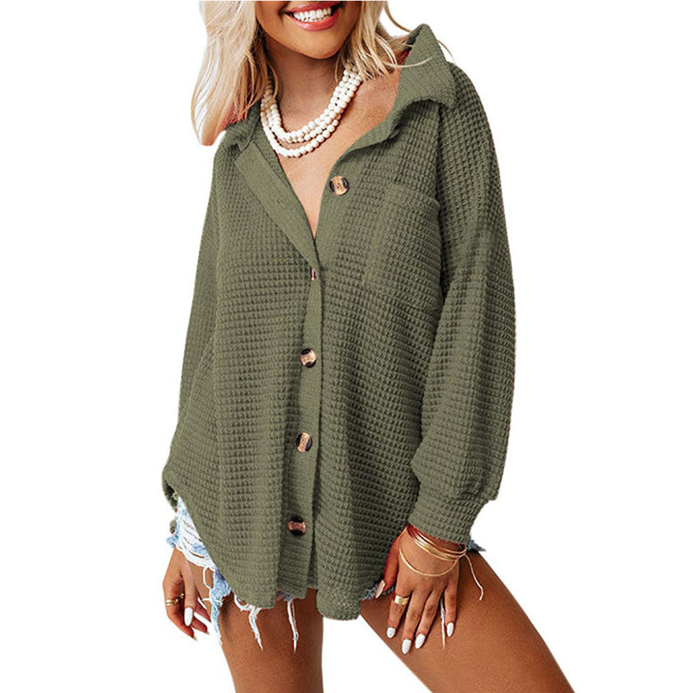 Damen lässige Waffelstruktur-Hemdjacke mit Knopfleiste R&B