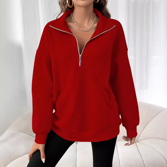 Damen Freizeitlicher Pullover mit kurzem Reißverschluss und Kängurutasche R&B