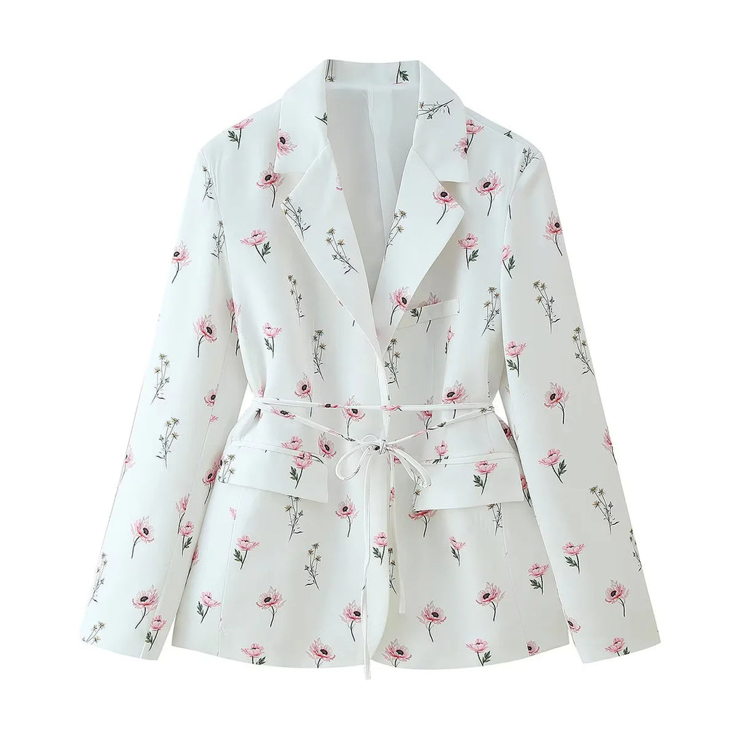 Damen elegante Blazerjacke mit floralem Muster und taillierbarem Gürtel R&B