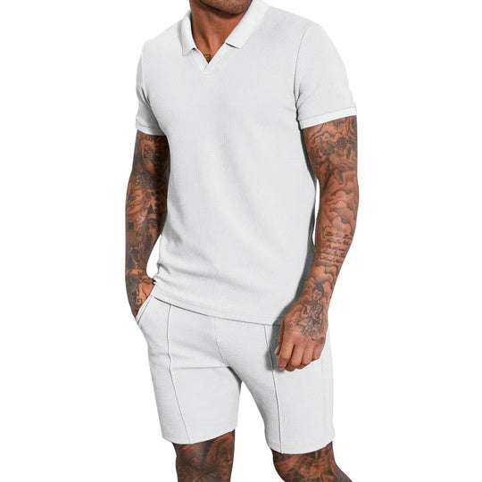 Herren nan kurzärmeliges Halbkragen-Strickset mit feiner Waffelstruktur und gerade geschnittenen Shorts R&B