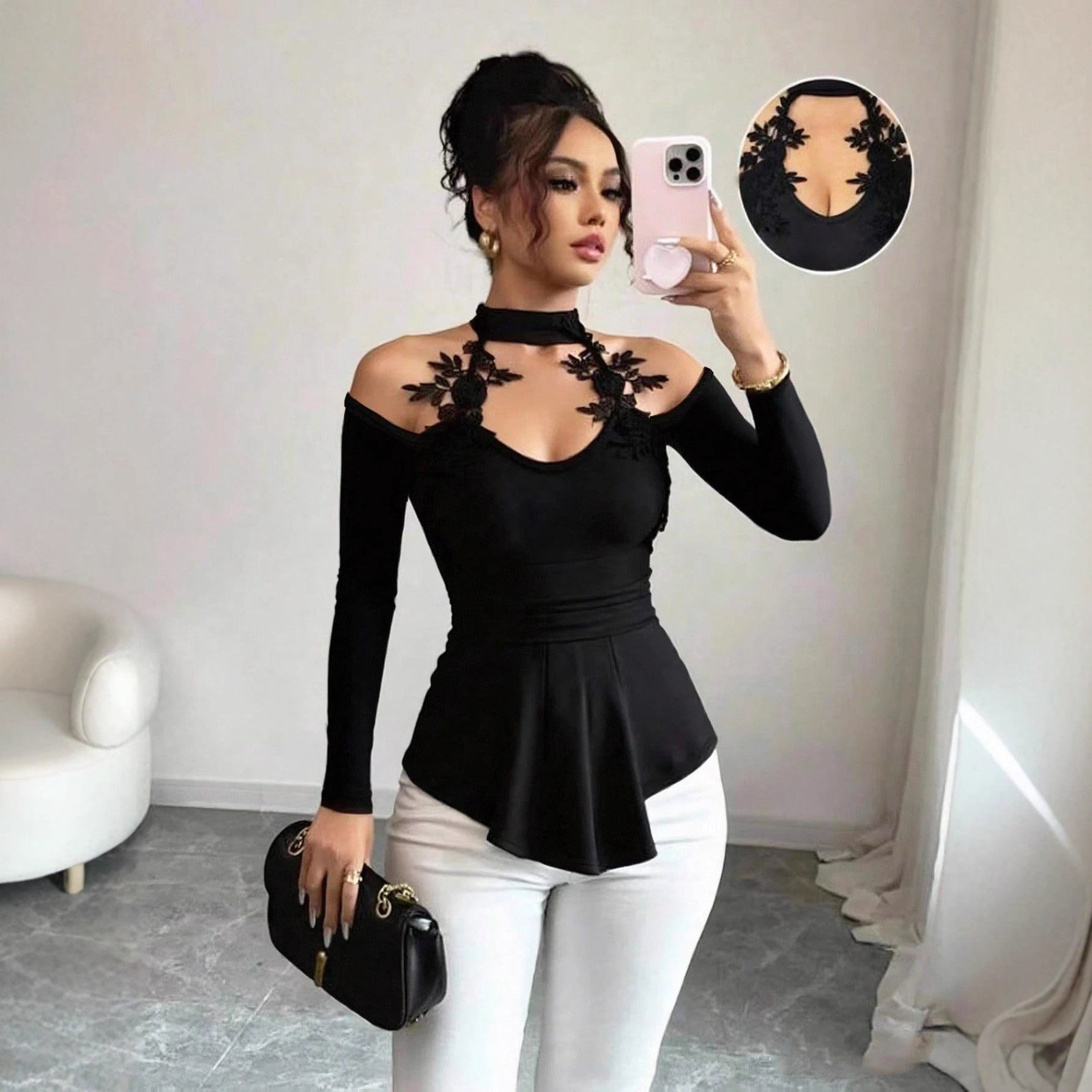 Damen nan schulterfreies Langarm-Top mit Chokerkragen, floralen Spitzenapplikationen und tailliertem Schößchen R&B