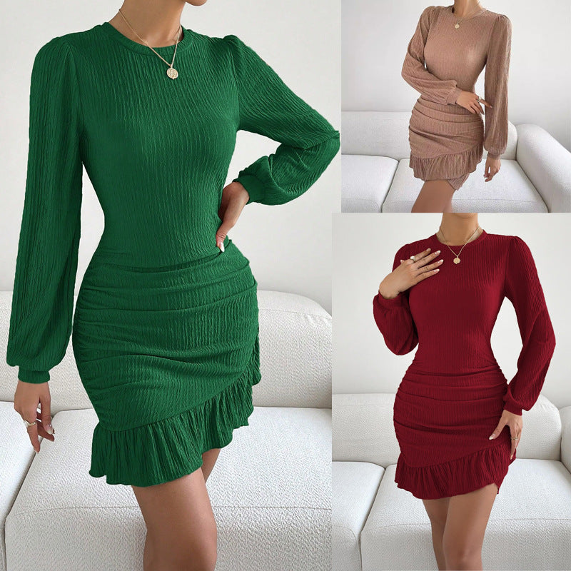 Damen figurbetontes Kleid mit Rüschensaum und langen Ärmeln R&B