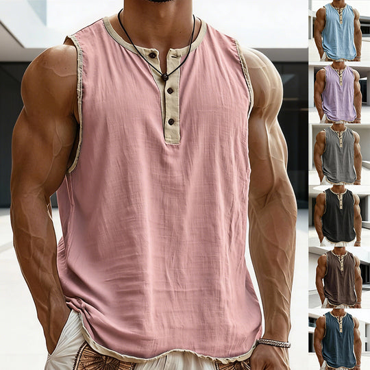 Herren nan ärmelloses Henley-Muskelshirt mit Knopfleiste und kontrastierter Einfassung R&B