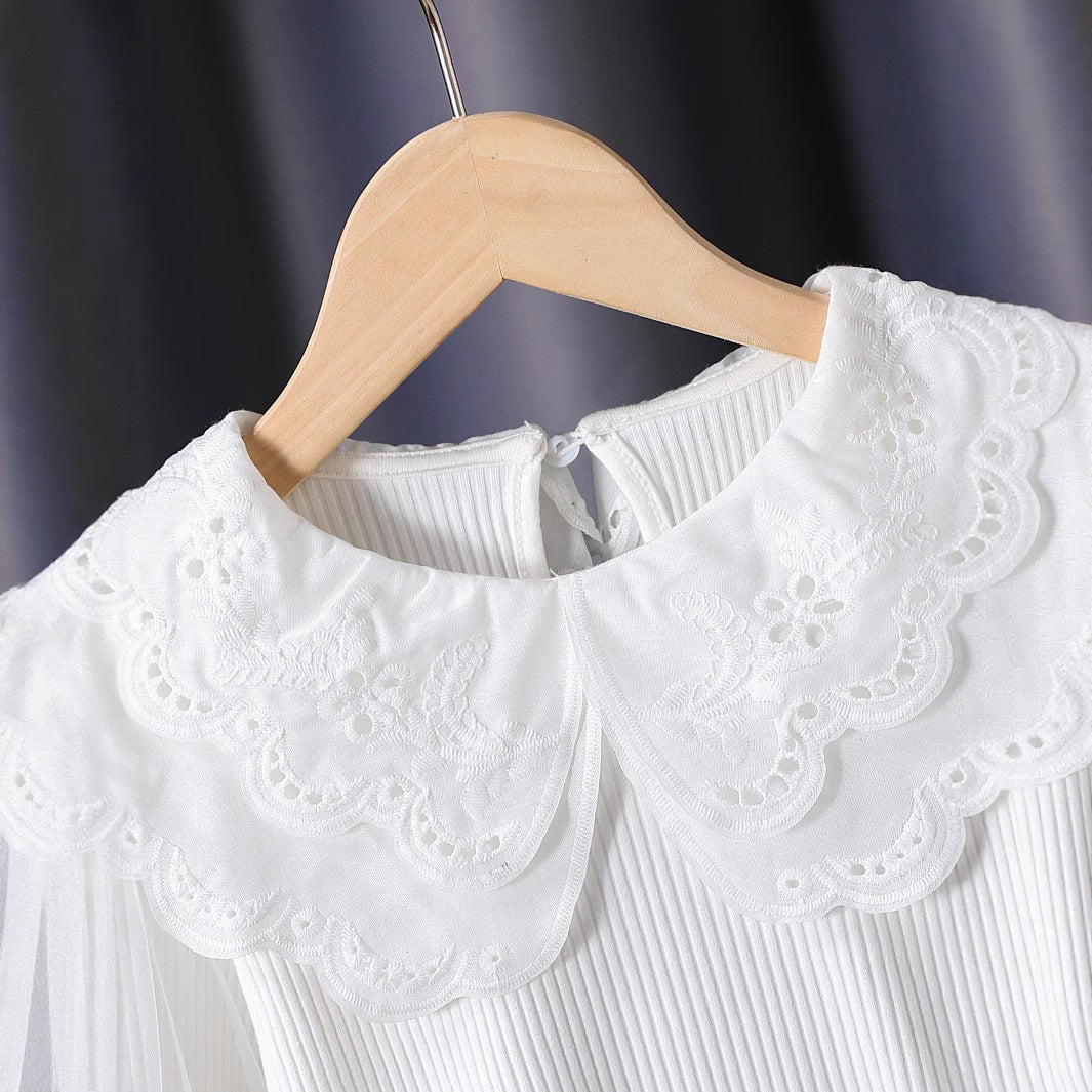 Mädchen modische Bluse mit elegantem Spitzenkragen und Tüllärmeln R&B