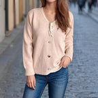 Damen modischer Strickpullover mit verspieltem BindR&Band und dekorativen Knöpfen R&B