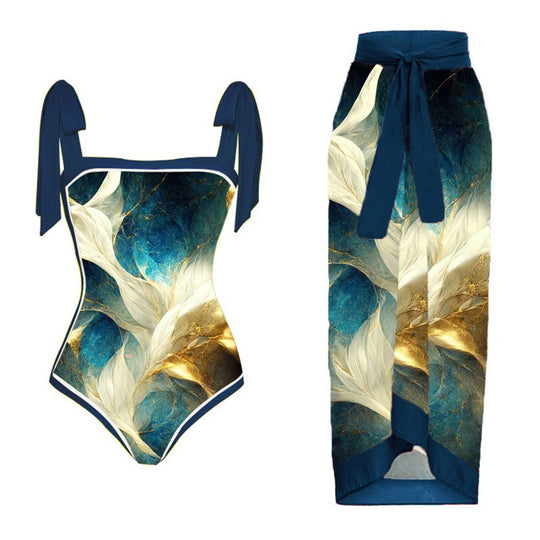 Damen Einteiler Badeanzug mit elegantem Wickelrock und modischen Riemen R&B
