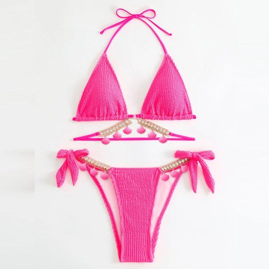 Damen Triangel-Bikini mit dekorativen Pompons und Glitterdetails R&B