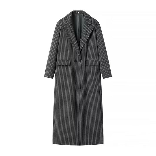 Damen eleganter gestreifter Langblazer mit doppelter Knopfleiste und seitlichen Taschen R&B