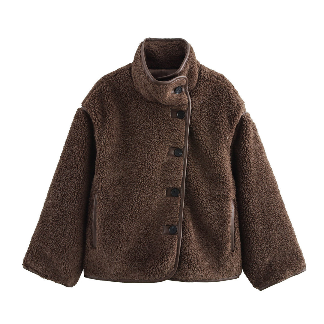 Damen kuschelige Fleecejacke mit hohem Kragen und dekorativen Knopfdetails R&B