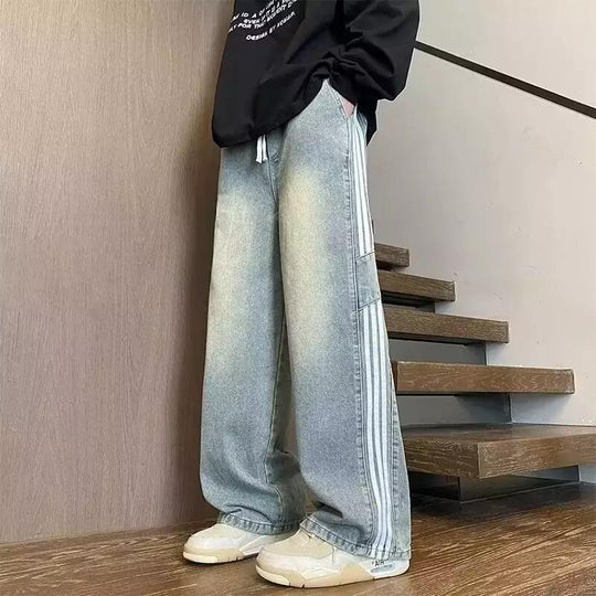 Herren weit geschnittene Denim-Hose mit seitlichen Streifen und Taschen R&B
