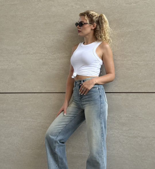 Damen Weite High-Waist Jeans im klassischen Vintage-Stil mit modernen Waschungen R&B