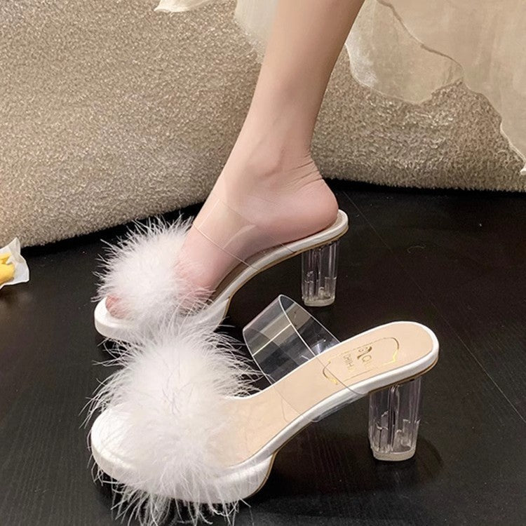 Damen Glamouröse Sommer Mules mit transparentem Riemen und plüschiger Verzierung R&B