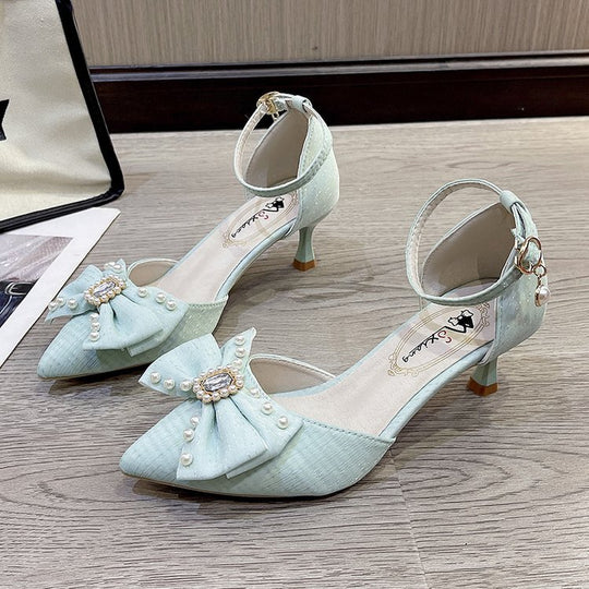 Damen eleganter Absatzschuh mit Schleife und Zierperlen R&B