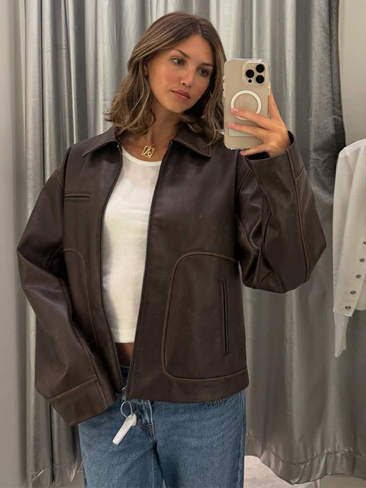 Damen modische Kunstlederjacke mit praktischen Eingrifftaschen und stylishen Details R&B