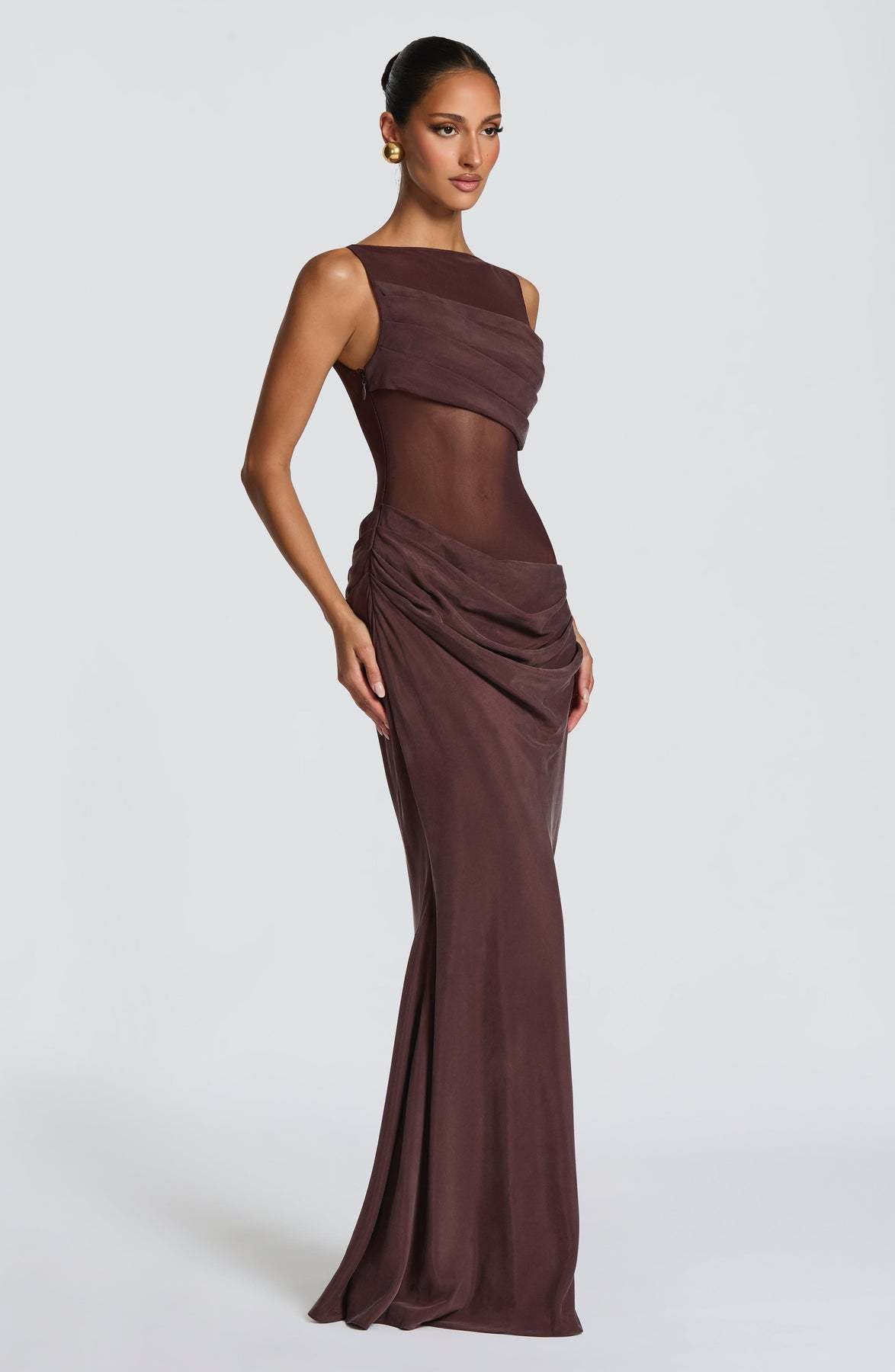 Damen Elegantes Abendkleid mit transparentem Oberteil und raffinierten Rüschen EB