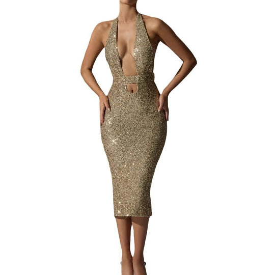 Damen Glamouröses Pailletten-Midi-Kleid mit tiefem V-Ausschnitt und figurbetonter Silhouette R&B
