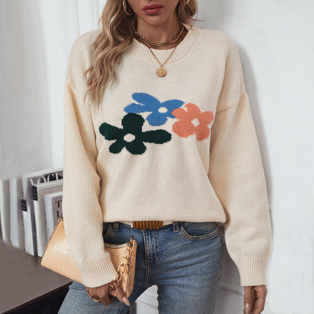 Damen lässiger Pullover mit floralen Motiven und Rundkragen R&B