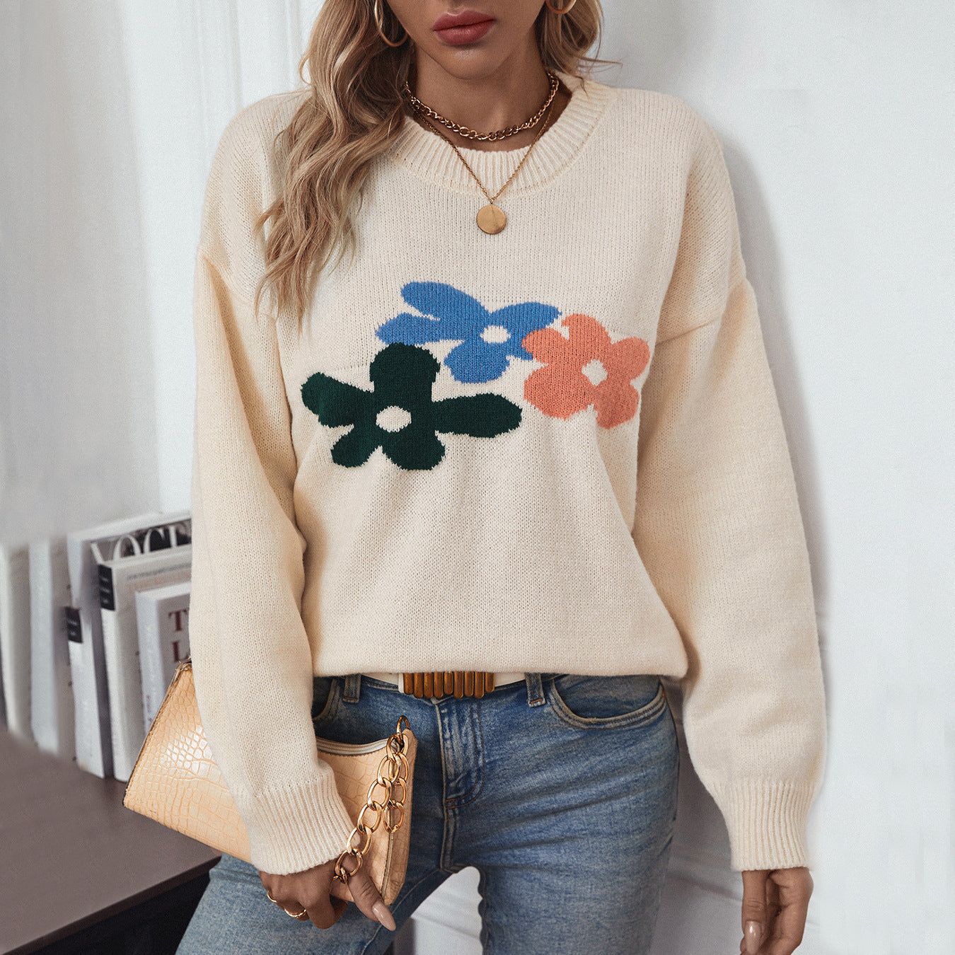 Damen lässiger Pullover mit floralen Motiven und Rundkragen