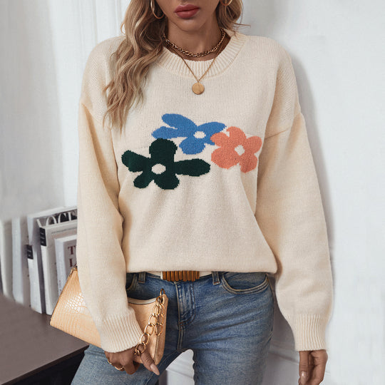 Damen lässiger Pullover mit floralen Motiven und Rundkragen R&B