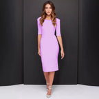Damen figurbetontes Midi-Kleid mit halblangen Ärmeln und elegantem Ausschnitt R&B