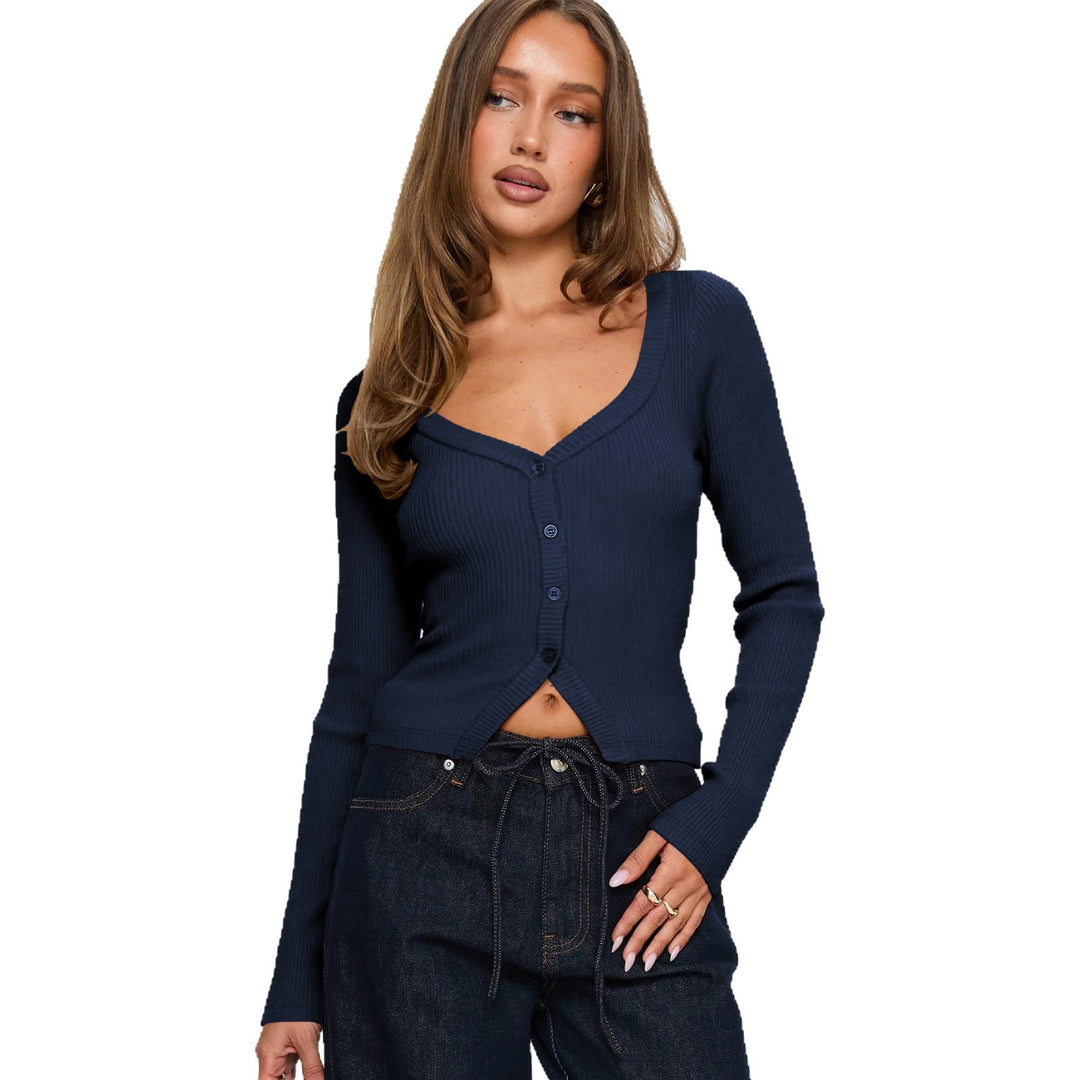 Damen Elegantes Ripp-Cardigan mit V-Ausschnitt und Knopfleiste R&B