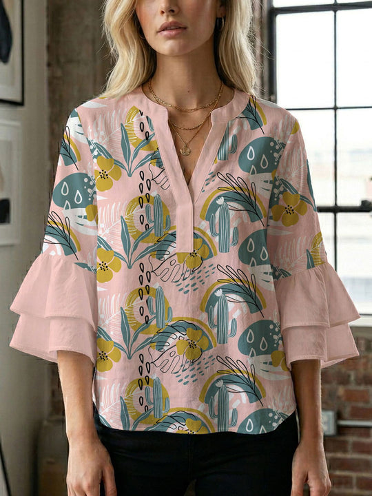 Damen Blusenshirt mit voluminösen Ärmeln und kreativem Druckdesign R&B