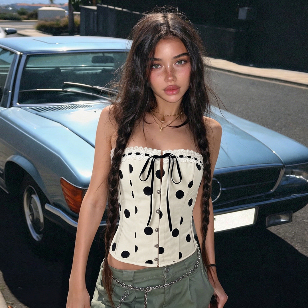 Damen Oberteil mit trägerlosem Design und verspieltem Polka-Dot-Muster R&B